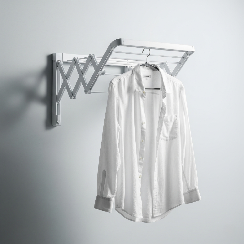 A stylish, clean shot of a white wall-mounted folding drying rack with a shirt hanging on it