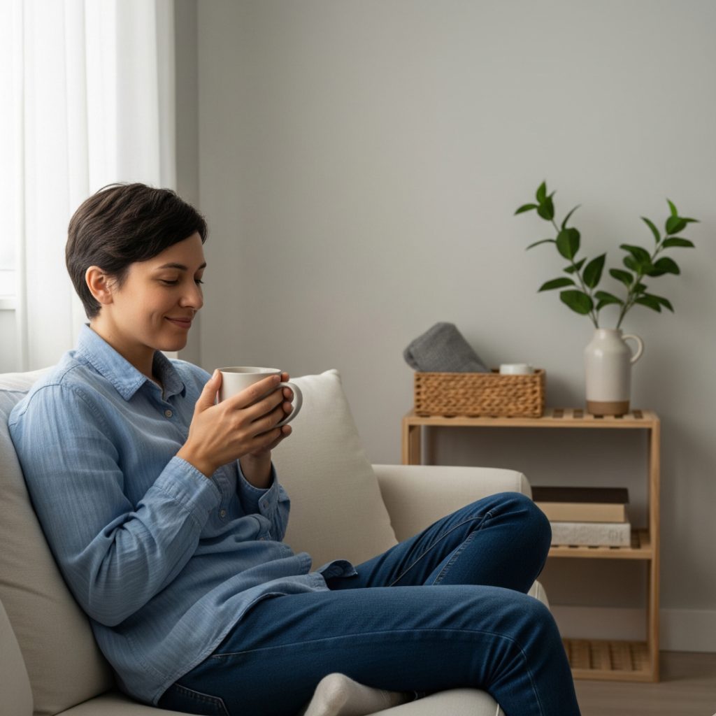 Happy woman after decluttering her home