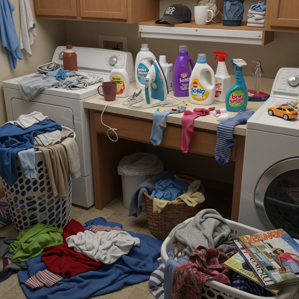 A "before" picture of a very messy laundry room with piles of clothes on the floor, detergent bottles on the counter, and random items everywhere