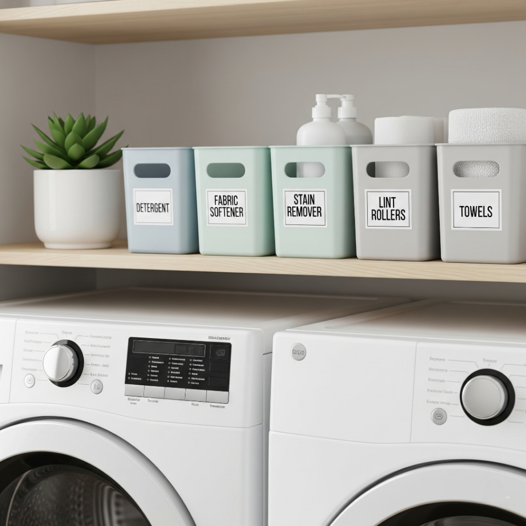 A close-up shot of an organized shelf above a washer and dryer. Supplies are in small, neatly labeled bins